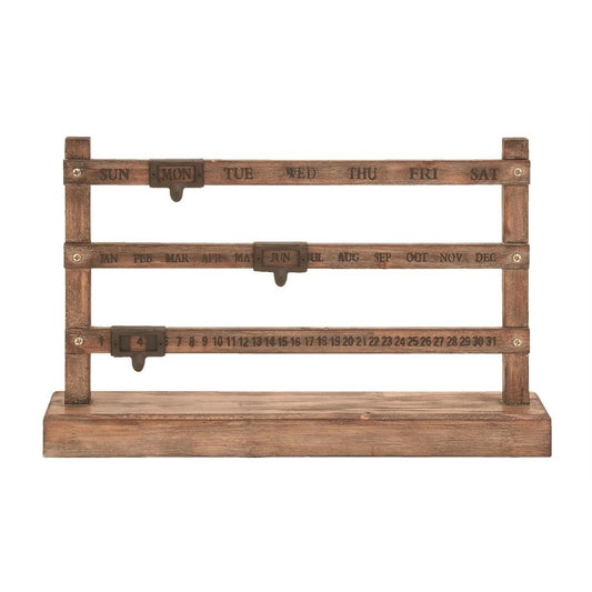 Wooden perpetual calendar with sliders for day, month, and date.