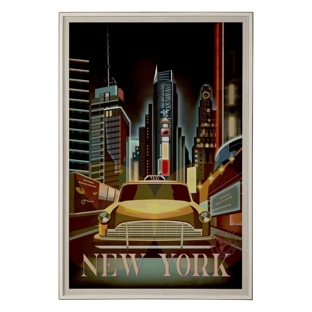 Retro New York Cityscape with a yellow taxi and skyscrapers at night.