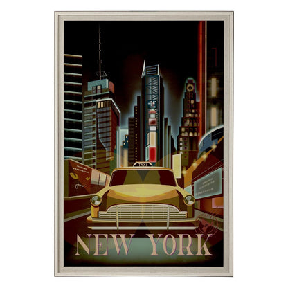 Retro New York Cityscape with a yellow taxi and skyscrapers at night.
