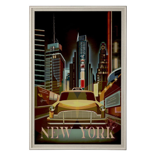 Retro New York Cityscape with a yellow taxi and skyscrapers at night.