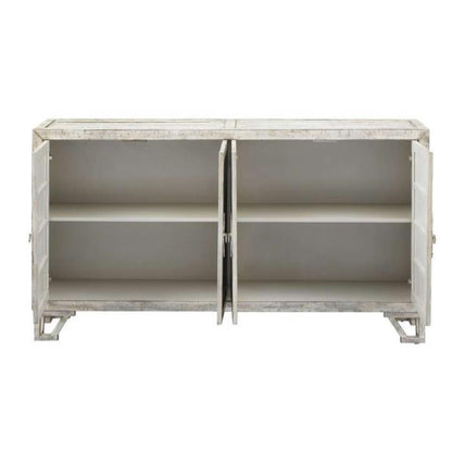 White cabinet with open doors and two shelves.