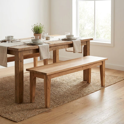 Simple wooden bench with four legs and a flat top.
