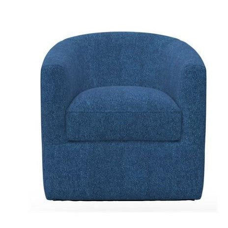 Blue fabric armchair with a rounded back and minimalist design.