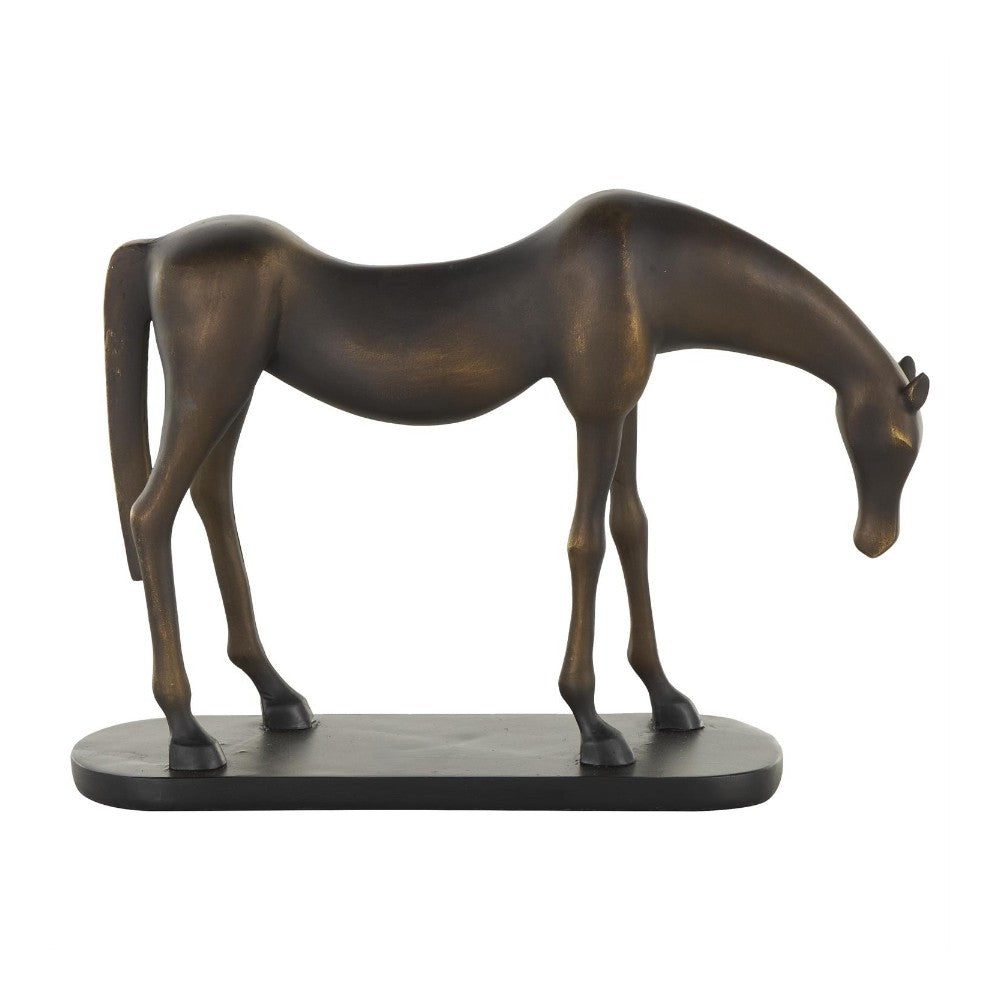 Bronze horse sculpture on a black base with elongated neck and low head.