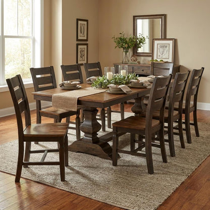 Cozy dining room with wooden table, chairs, and rustic decor setup.
