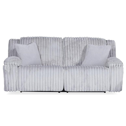Gray ribbed sofa with two matching cushions.