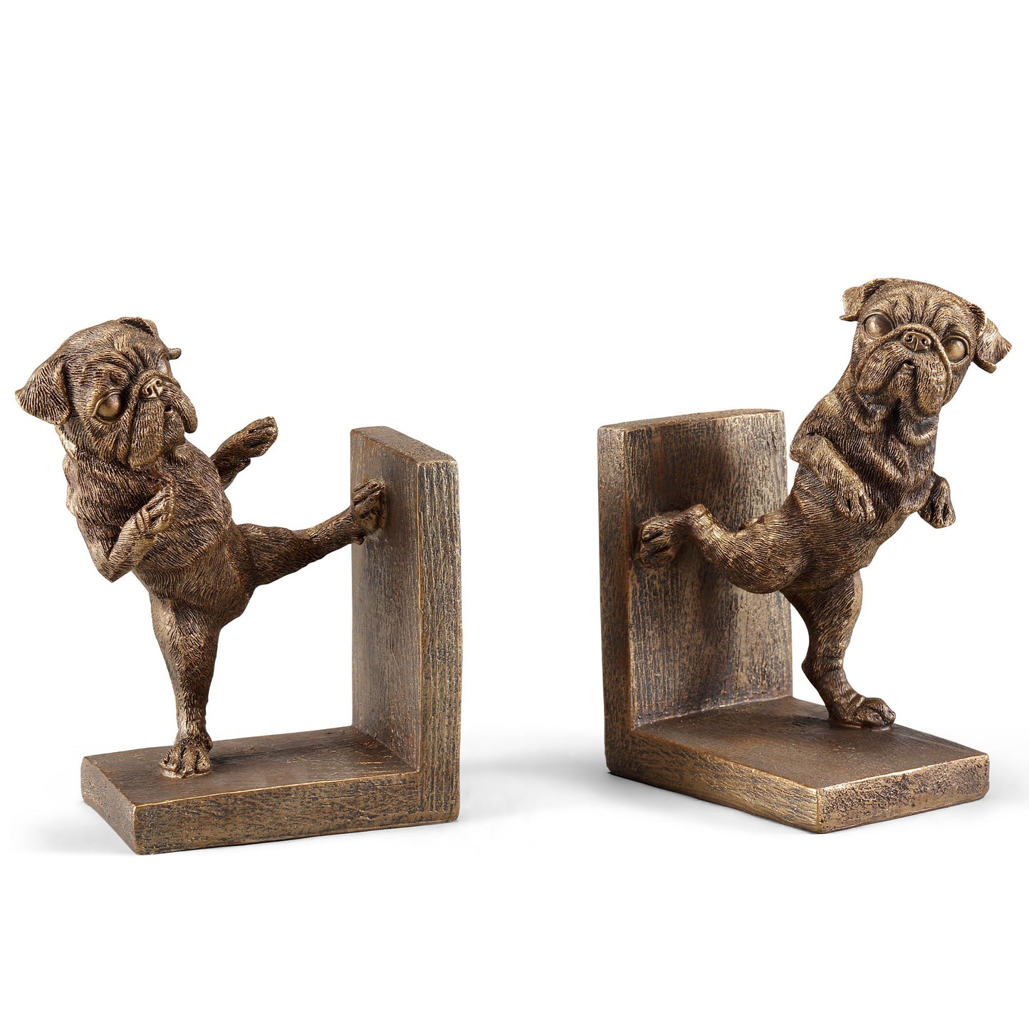 Bronze pug bookends, each balancing on one leg with playful expressions.