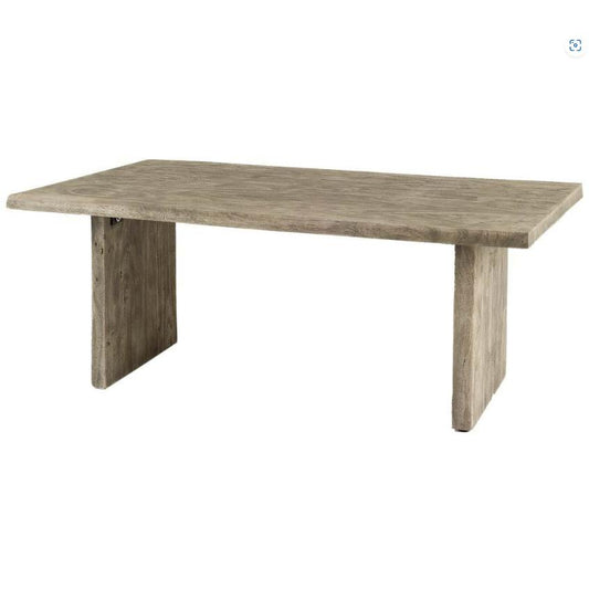 Wooden table with a minimal, rustic design and sturdy legs.
