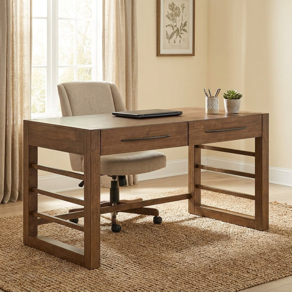 Wooden desk with laptop, chair, and decor in a bright, cozy room.