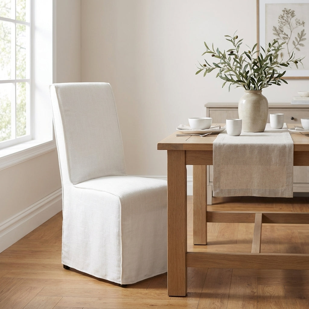 White chair with a fitted slipcover.