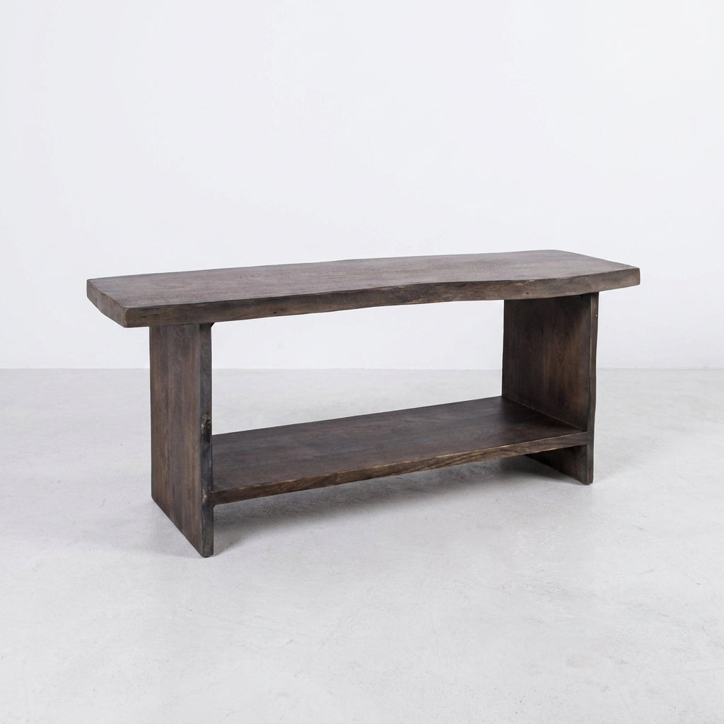 Dark wooden bench with a sturdy plank design.