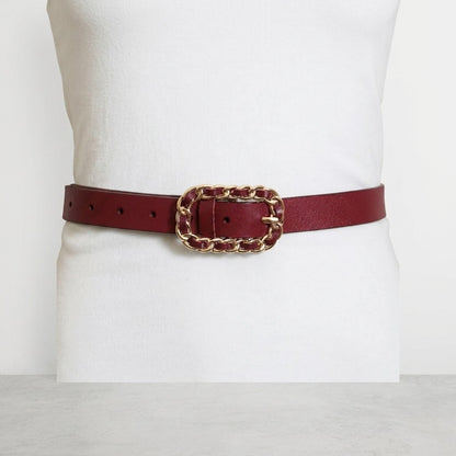 Maroon belt with a gold chain buckle on a white background.