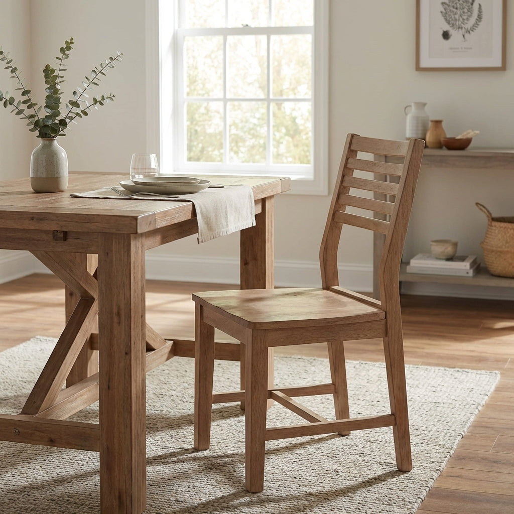 Wooden chair with slatted back and simple design.