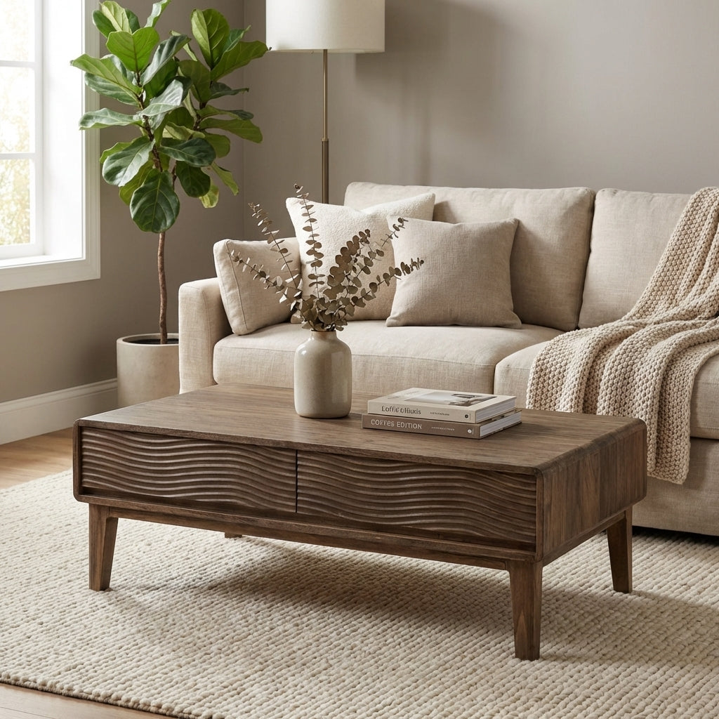Wooden coffee table with wavy textured drawer front.