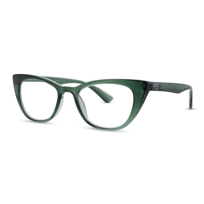 Green cat-eye eyeglasses with clear lenses.