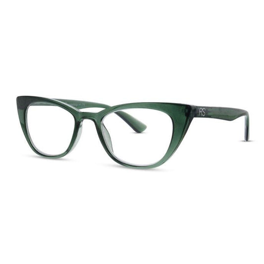 Green cat-eye eyeglasses with clear lenses.