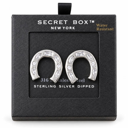 Horsehoe-shaped earrings in a black box with "Secret Box" label.