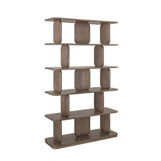 Wooden bookshelf with a unique geometric design.