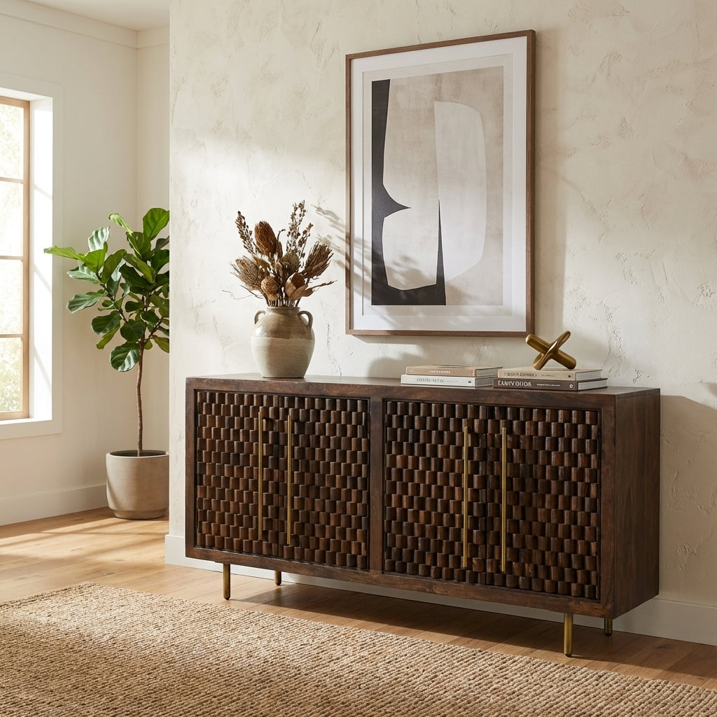 Dark wood sideboard with textured doors and gold handles.