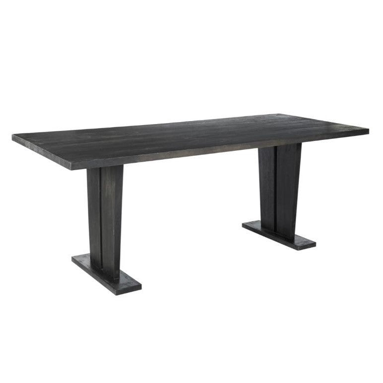 Sleek black wooden table with angular, modern legs.