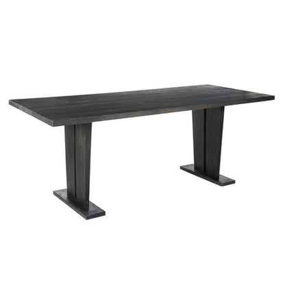 Sleek black wooden table with angular, modern legs.