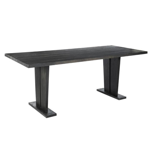 Sleek black wooden table with angular, modern legs.