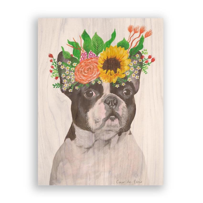 Picture of "French Bulldog with Flowers Hat" Wood Block Art Print