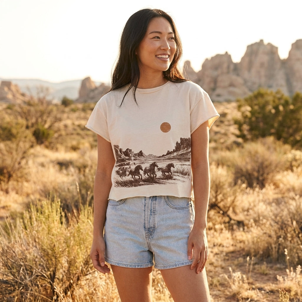 Smiling woman in desert landscape wearing a scenic print shirt.
