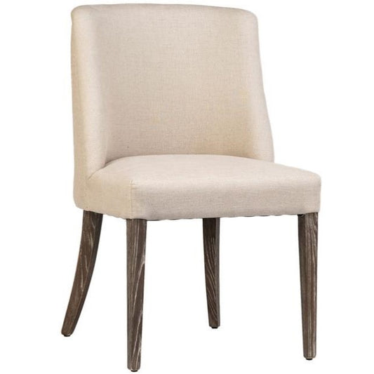 A beige upholstered chair with wooden legs.