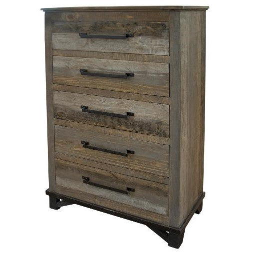Rustic wooden dresser with five drawers and black handles.