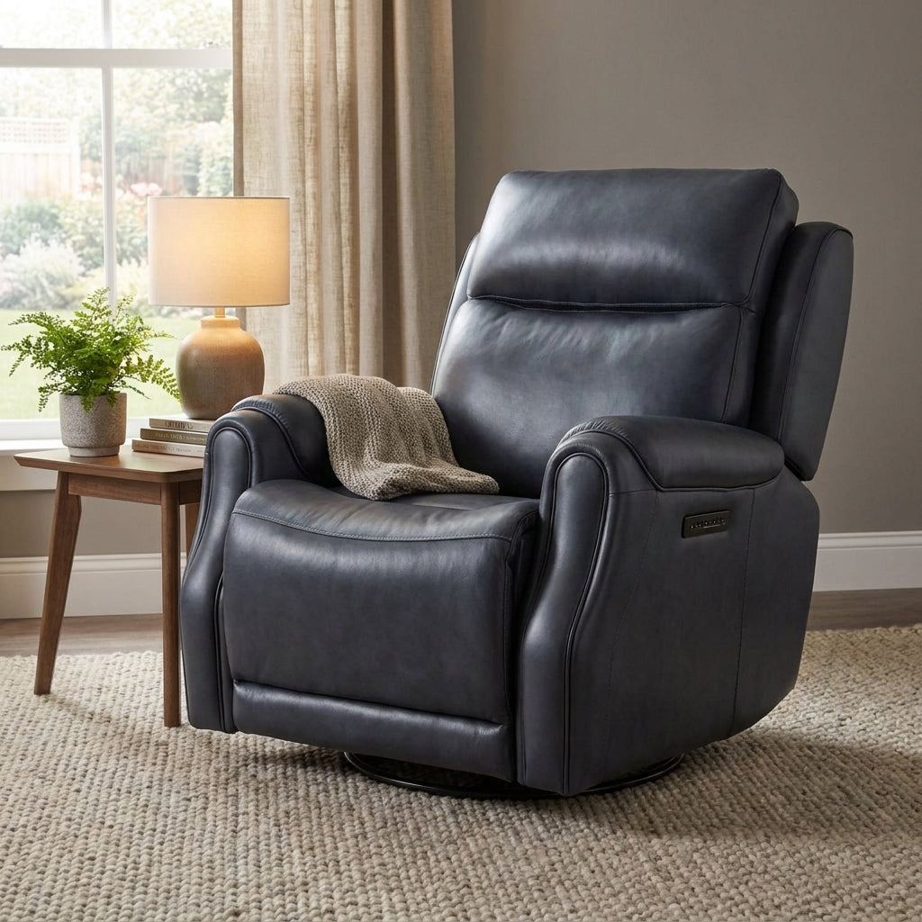 Cozy leather recliner with a knitted blanket beside a lamp and plant.