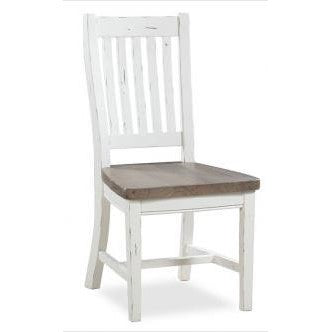 Rustic white chair with a wooden seat and slatted backrest.