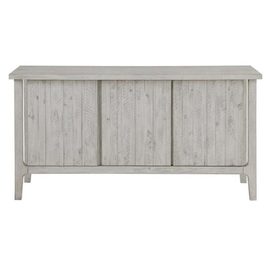 Gray wooden console table with panel design.
