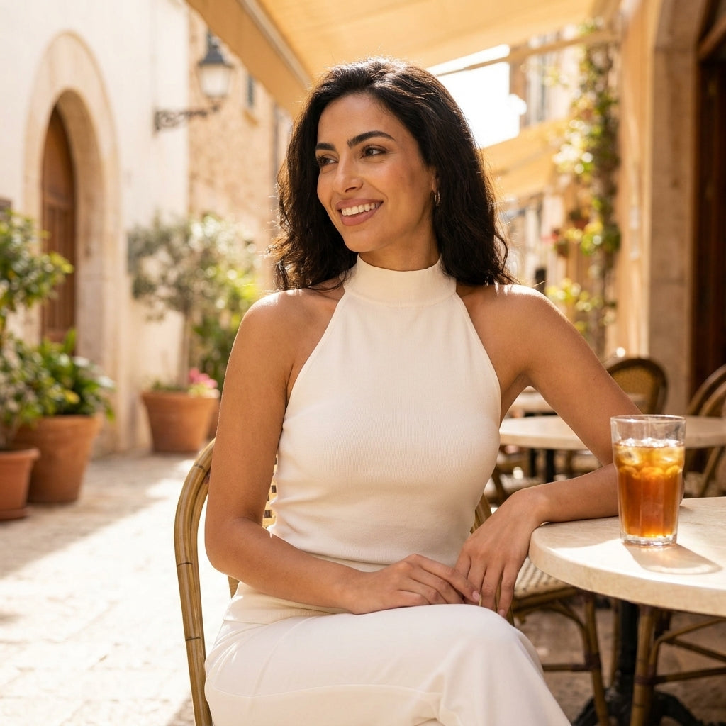 Woman smiles outside a café, sunlight streaming down.