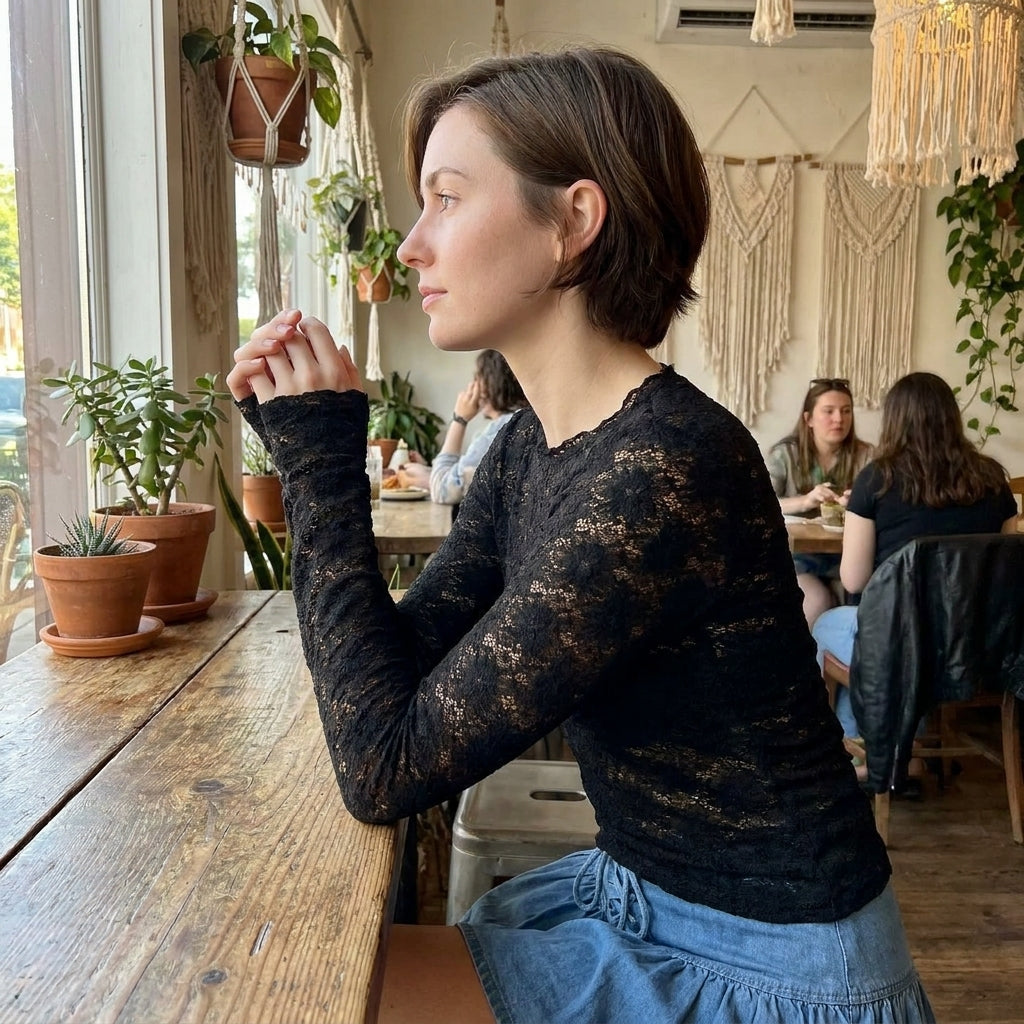 Woman in a café gazing out the window, surrounded by plants and hanging decor.
