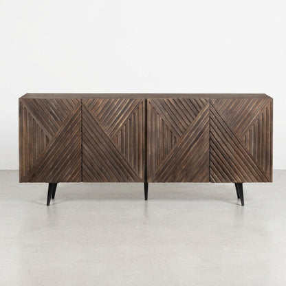 Wooden sideboard with geometric patterns and black legs.