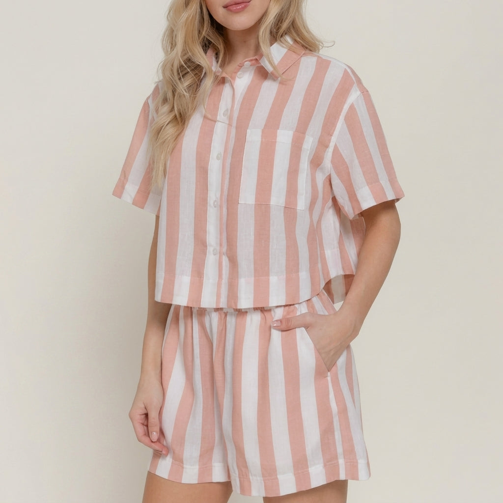 Woman in a striped, short-sleeve matching set.