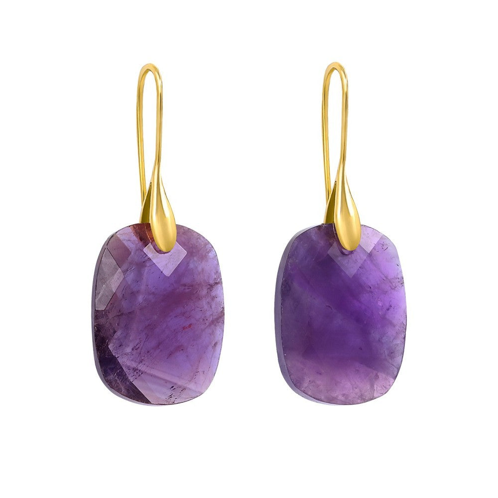 Gold hook earrings with purple gemstone pendants.