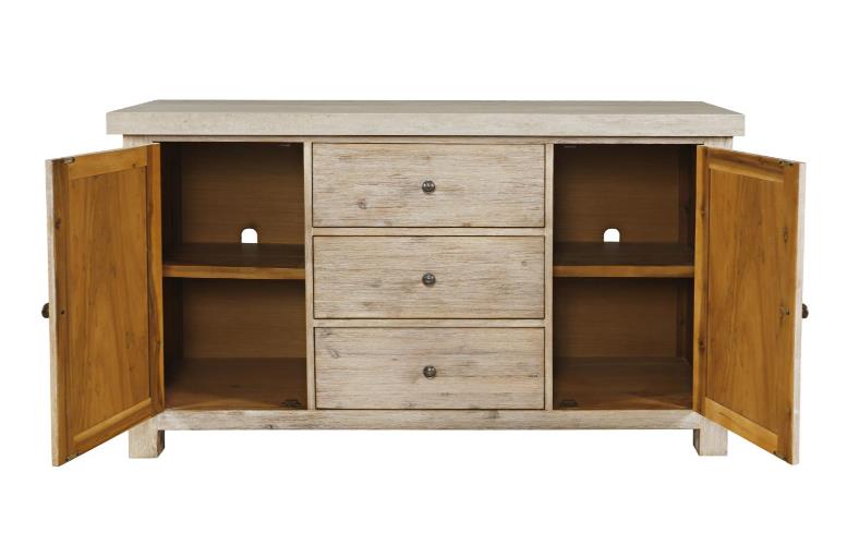 Rustic wooden sideboard with open cabinets and three drawers.