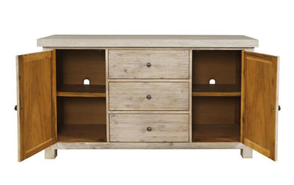 Rustic wooden sideboard with open cabinets and three drawers.
