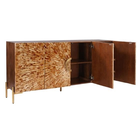 Wooden sideboard with sunburst pattern and open doors.