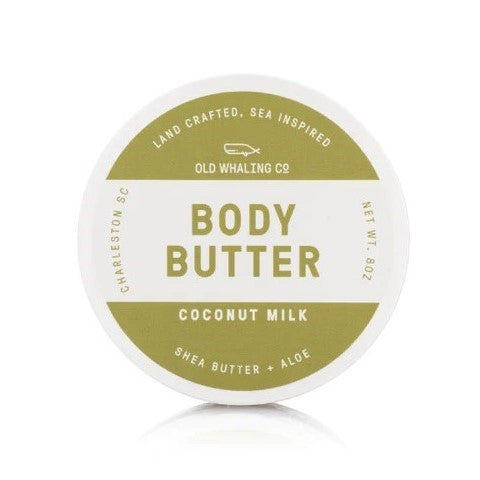 Round body butter container with olive green label and text.