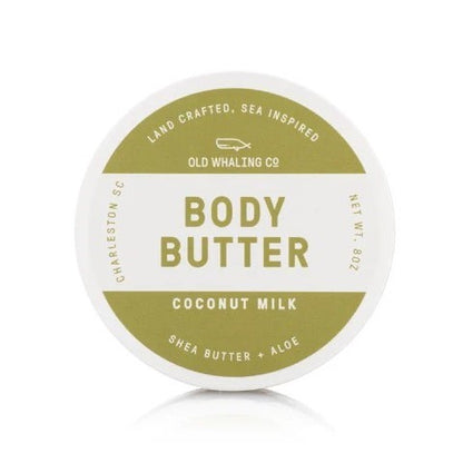 Round body butter container with olive green label and text.