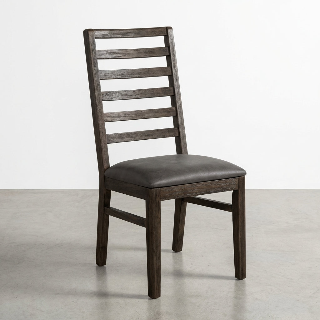 Dark wooden chair with ladder back and cushioned seat, side view.