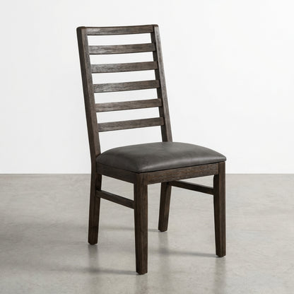Dark wooden chair with ladder back and cushioned seat, side view.