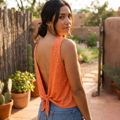 Woman in orange top with back tie stands in sunlit garden.