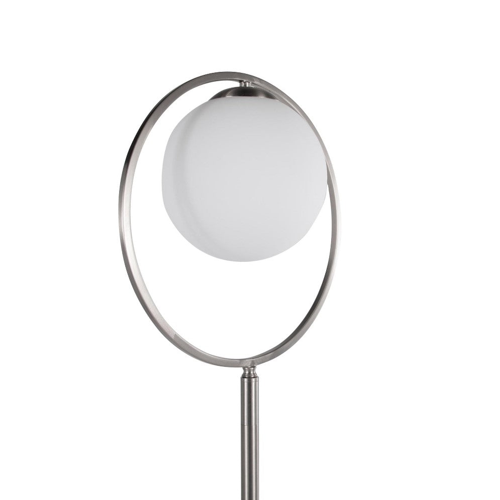 Modern floor lamp with a circular design and white globe shade.