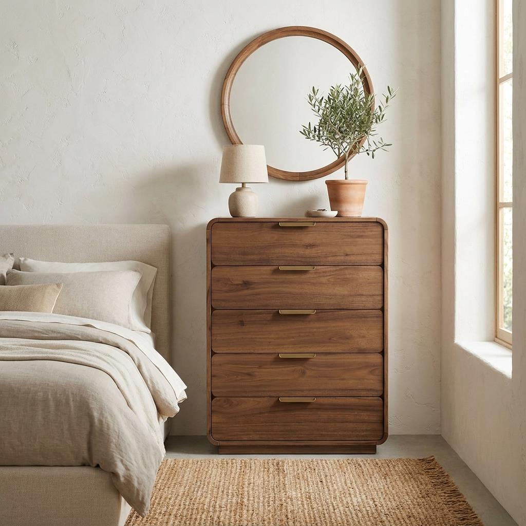 Cozy bedroom with wooden dresser, round mirror, and neutral tones.