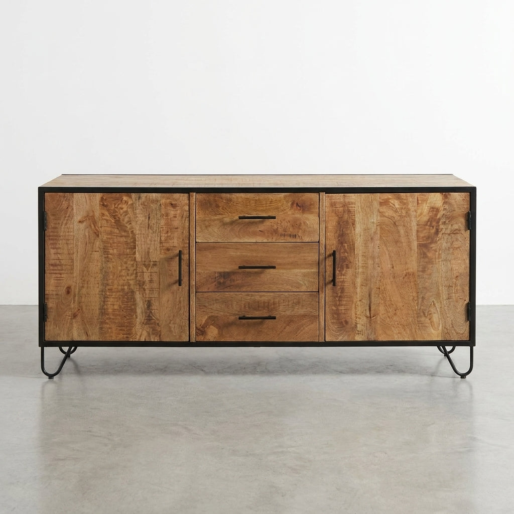 Wooden sideboard with metal accents, two cabinets, and three central drawers.