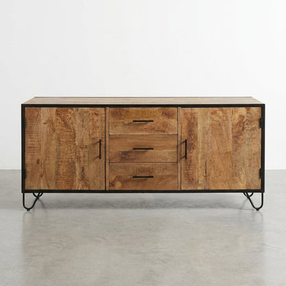 Wooden sideboard with metal accents, two cabinets, and three central drawers.